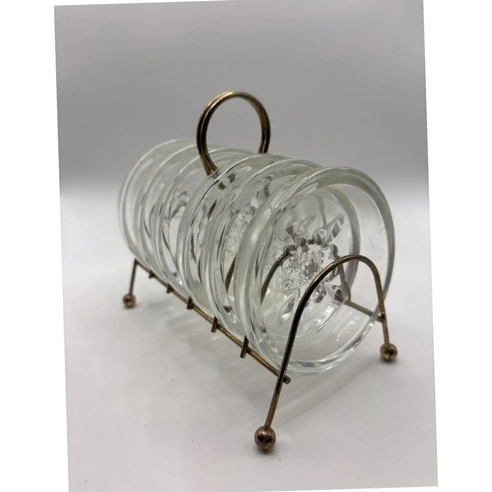 Vintage Glass Coasters Set of 6 with Brass Caddy Rack Floral Pressed Clear Glass